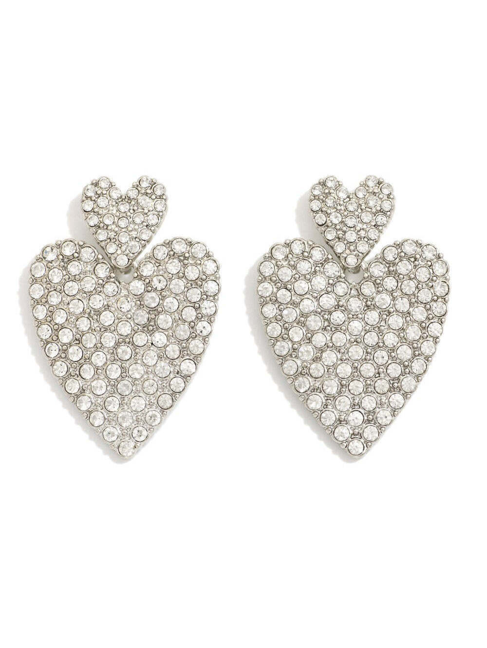 Silver Pave Crystal Double Heart Drop Earrings Rhinestone Statement Earrings